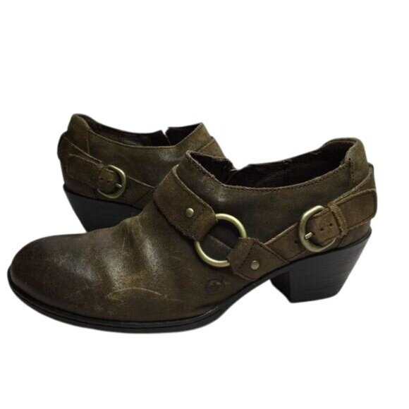 Born Womens Leather Booties Buckle Zipper Detail Size 7.5 Grunge Distressed Look - Picture 1 of 11